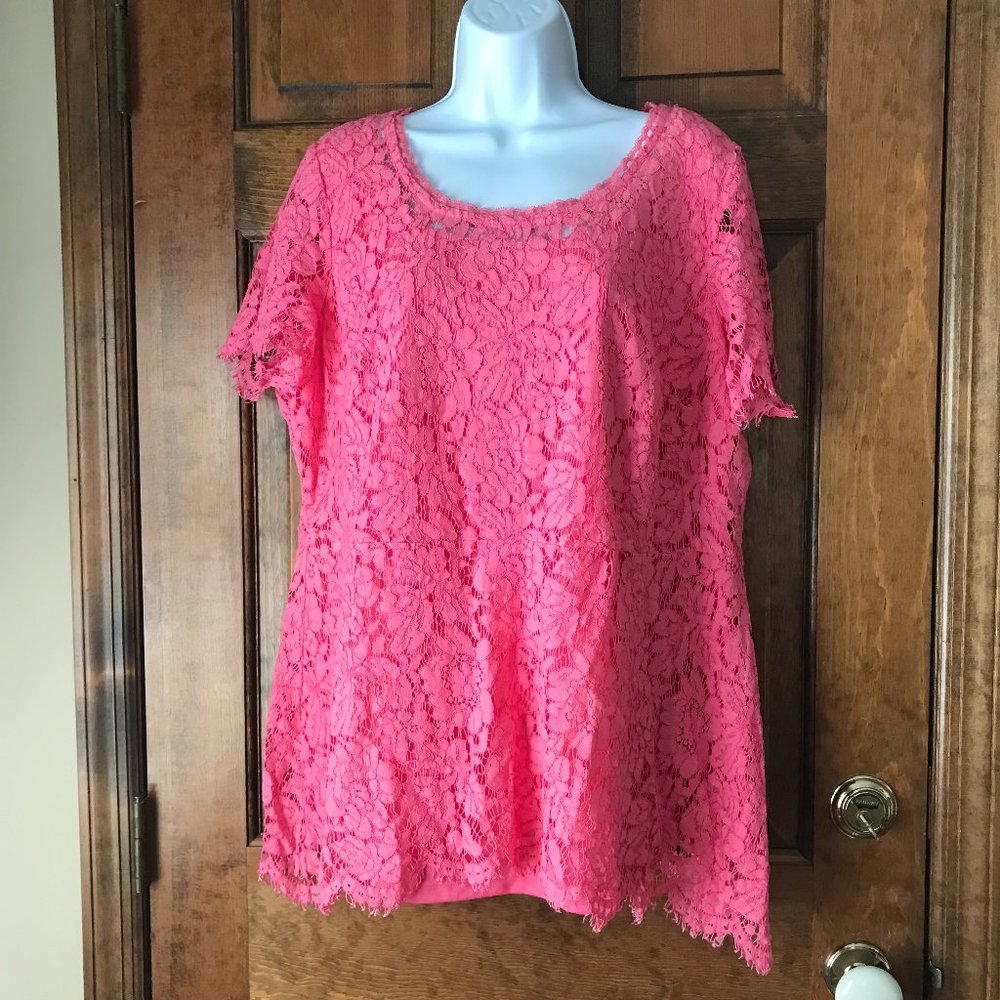 Isaac Mizrahi Live! Pink Lace Pullover Top w/Peplum Size 1X